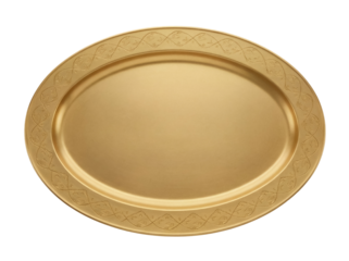 Elegant gold serving platter isolated PNG, decorative oval tray for catering, events, and special occasions on transparent background