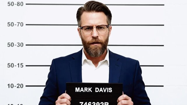 Arrested businessman posing for a mugshot. Man in a suit holding an identification board against a height chart background. White collar crime concept