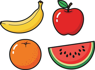 A simple illustration features a banana apple orange and watermelon slice