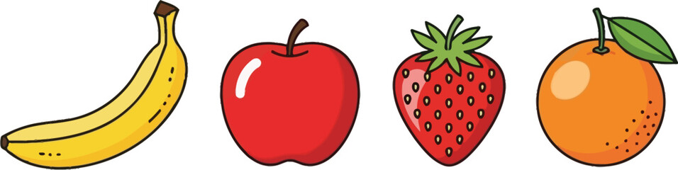 Colorful cartoon illustration of a banana apple strawberry and orange fruit