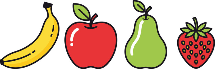 A colorful arrangement of cartoon fruits banana apple pear and strawberry
