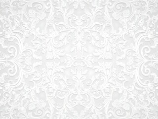 Elegant white lace texture background with intricate baroque floral damask pattern, perfect for wedding invitation or vintage textile design