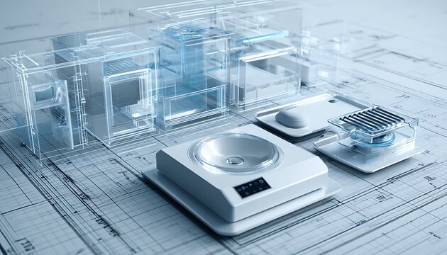 Smart kitchen gadget exploded view mockup with minimal digital blueprint tone