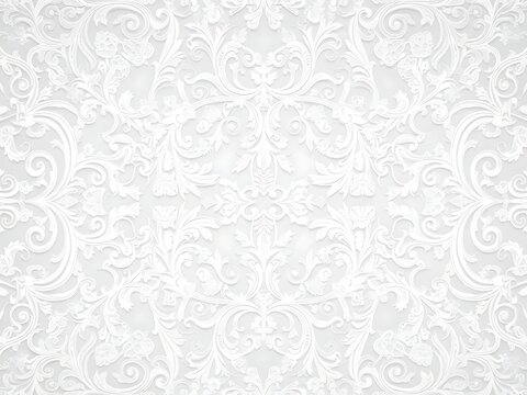 Elegant white lace texture background with intricate baroque floral damask pattern, perfect for wedding invitation or vintage textile design