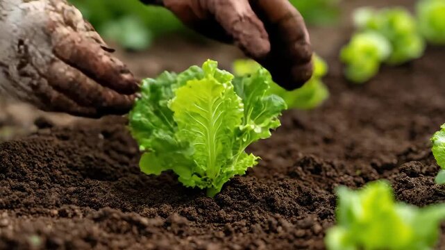 Gardener planting fresh lettuce in rich soil on a sunny day in a community garden