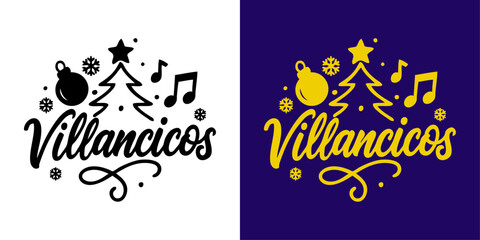 Logo de Navidad. Palabra manuscrita Villancicos con siluetas de notas musicales y símbolos de la Navidad para tarjetas y felicitaciones 