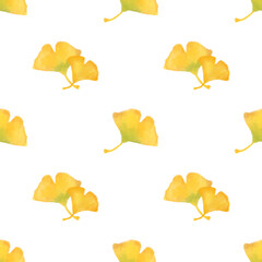 Autumn ginkgo leaf seamless pattern. Yellow leaves pattern watercolor illustration for wrapping paper, textile prints, banners, backgrounds