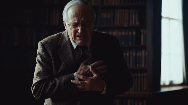 Elderly man suffering a heart attack in a dark library. Senior clutching chest in severe pain. Cardiac arrest and medical emergency concept
