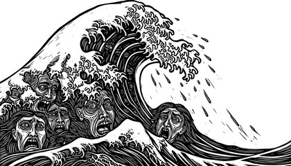 Obraz premium Surreal wave of faces in engraved style capturing emotion and turmoil in black and white art