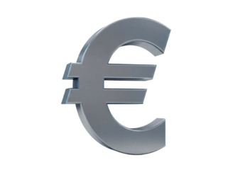 Metallic euro symbol PNG isolated on transparent background, currency sign for finance and European economy