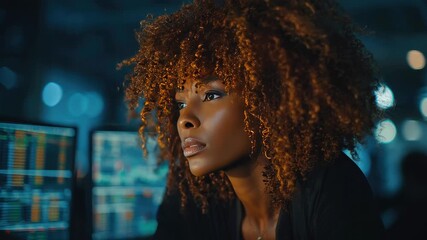 Focused woman analyzes stock market data in an office environment during evening hours - Powered by Adobe
