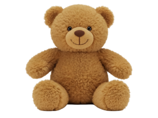 Brown teddy bear sitting isolated PNG, soft plush toy for kids and decoration, cuddly animal on transparent background