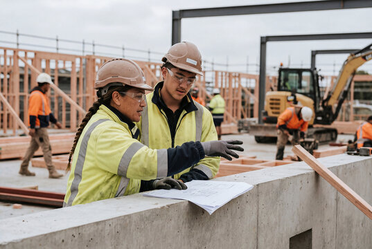 Construction workers collaborating on building plans at a construction site with wooden framework