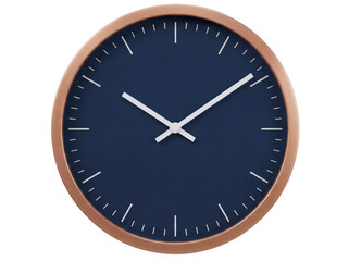 Elegant navy blue wall clock with copper frame isolated PNG, minimalist timekeeping design for home decor and office use