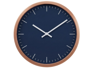 Elegant navy blue wall clock with copper frame isolated PNG, minimalist timekeeping design for home decor and office use
