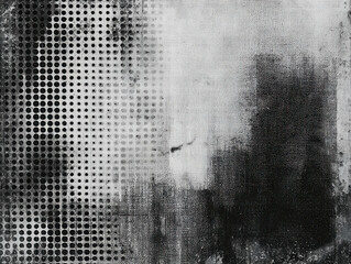 Abstract grunge halftone urban scene with blurred monochrome city silhouettes, textured dotted pattern, smoky atmospheric effect and distressed artistic overlay creating a vintage industrial mood.