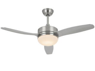 Brushed nickel ceiling fan with light isolated PNG, modern indoor lighting fixture for home decor and ventilation on transparent background