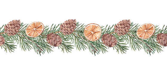 Pine or Fir Branches with cones Horizontal Watercolor Seamless border Pattern. Hand painted illustration of Winter forest plant with dried oranges slices. Can be used for fabric, textile, packaging