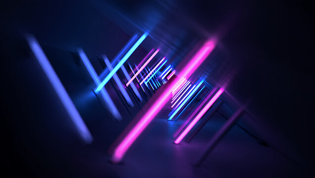Futuristic sci-fi tunnel with glowing pink and blue neon lights creating a dynamic abstract background.