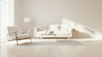 A fully blurred Scandinavian living room with soft daylight, pale wood tones, and gentle...