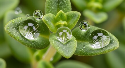 Macro Shot of Fresh Green Herb Leaves Covered in Crystal Clear Water Droplets
