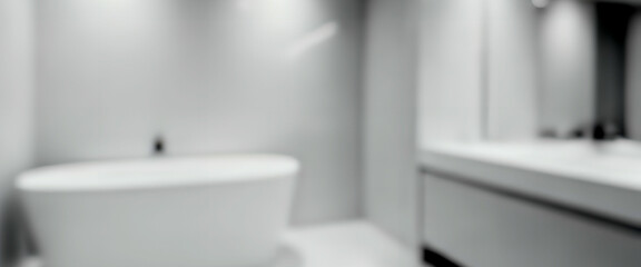 A fully blurred modern bathroom with white and grey tones blending into soft gradients, forming a clean, abstract interior background with gentle haze.