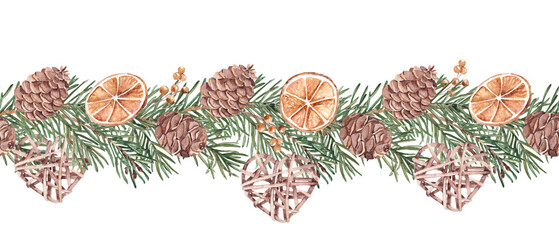 Pine or Fir Branches with cones Horizontal Watercolor Seamless border Pattern. Hand painted illustration of Winter forest plant with dried oranges slices and wicker toy. Can be used for fabric