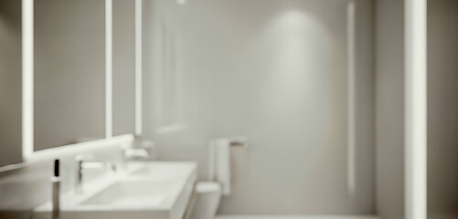 A fully blurred modern bathroom with white and grey tones blending into soft gradients, forming a clean, abstract interior background with gentle haze.