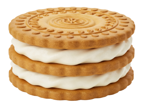 Stacked sandwich cookies with cream filling isolated PNG, delicious dessert with multiple layers on transparent background