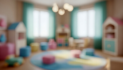 A fully blurred playroom with pastel gradients, warm lighting, and hazy toy shapes blending into a soft, cheerful abstract interior background.