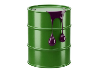 Green metal barrel with purple liquid isolated PNG on transparent background, industrial container for chemicals or hazardous waste