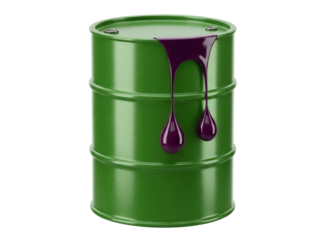 Green metal barrel with purple liquid isolated PNG on transparent background, industrial container for chemicals or hazardous waste