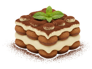 Delicious tiramisu cake isolated PNG on transparent background, traditional Italian dessert with ladyfingers, mascarpone cheese, coffee and cocoa powder