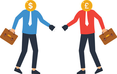 Obraz premium International business partnership with businessmen coin heads. US Dollar and British Pound currency exchange. Financial deal and global trade connection. Corporate collaboration concept.