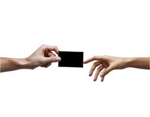 Male hand presenting blank black card to female hand for exchange isolated on transparent background