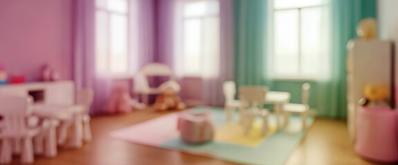 A fully blurred playroom with pastel gradients, warm lighting, and hazy toy shapes blending into a soft, cheerful abstract interior background.