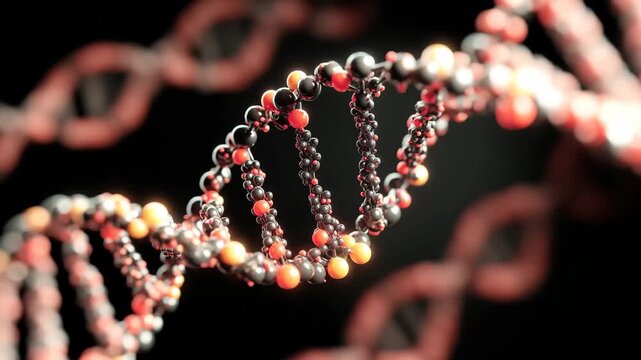 Intricate structure of DNA showing molecular components in detailed three-dimensional representation against a dark background