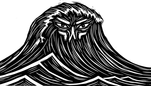 Fierce wave with hidden face design in bold black style