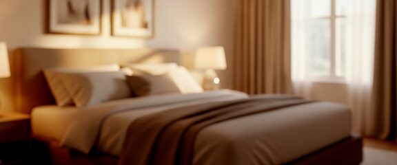 A fully blurred cozy bedroom featuring warm lighting, soft silhouettes, and pastel gradients...