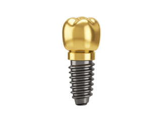 Gold dental implant isolated PNG on transparent background, artificial tooth for dentistry and oral health care
