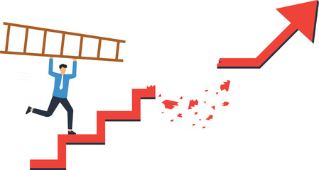 Businessman carrying ladder up broken arrow stairs bridging gap for business growth career path success finding solution problem solving strategic thinking ambition