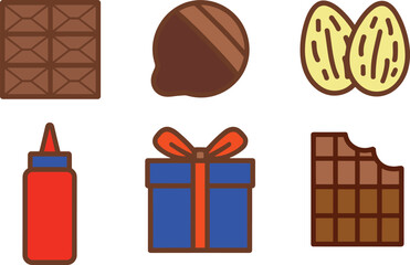 Flat design chocolate icons collection including candy truffle, chocolate bar, almonds, syrup bottle, sweet gift box, delicious dessert illustration set
