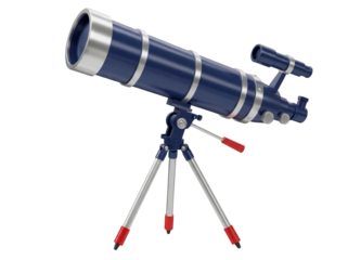 Blue telescope with silver accents isolated PNG, astronomical instrument for stargazing and space exploration on transparent background