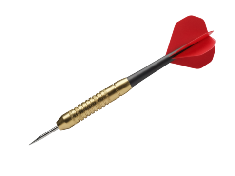 Sharp dart with red flights isolated PNG on transparent background, golden barrel dart for game of skill and precision - Powered by Adobe