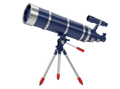 Blue telescope with silver accents isolated PNG, astronomical instrument for stargazing and space exploration on transparent background