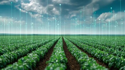 Modern farming techniques enhance crop growth in a lush green field under a dramatic sky with digital data overlay technology - Powered by Adobe