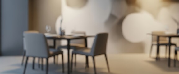 A fully blurred dining room with warm lighting, soft furniture silhouettes, and gentle gradients forming an elegant abstract interior background.