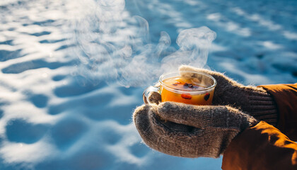 Warm Steaming Winter Drink Mittens Snowy Landscape
