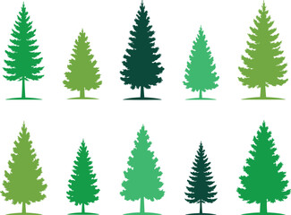 Set of ten pine tree silhouette illustrations featuring evergreen forest shapes, nature clipart elements, conifer icons for design, decoration, and artwork