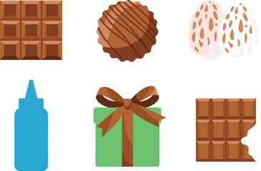 Flat design chocolate icons collection including candy truffle, chocolate bar, almonds, syrup bottle, sweet gift box, delicious dessert illustration set